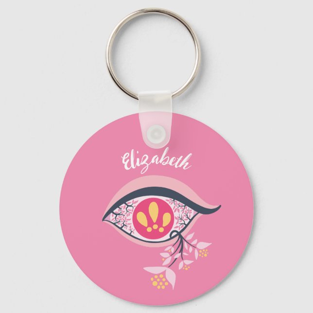 Trippy Eye Pink Floral Psychedelic Name Key Ring (Front)
