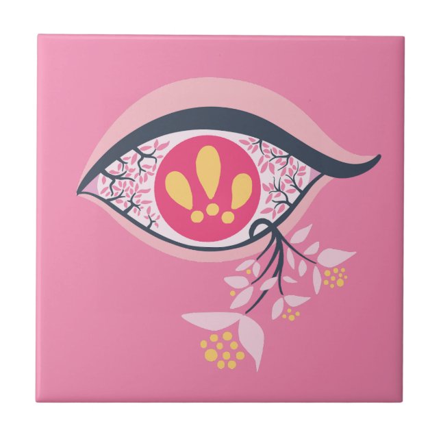 ﻿﻿Trippy Eye Pink Floral Psychedelic Surrealist Ceramic Tile (Front)