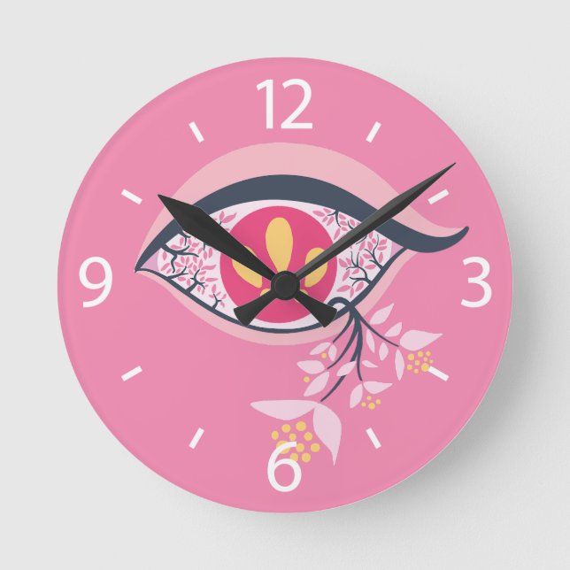 ﻿﻿Trippy Eye Pink Floral Psychedelic Surrealist Round Clock (Front)