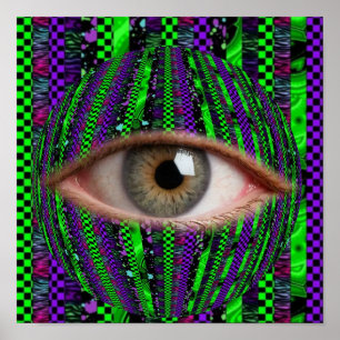 Trippy Eyeball Art Green Chequerboard Surreal Ey Poster