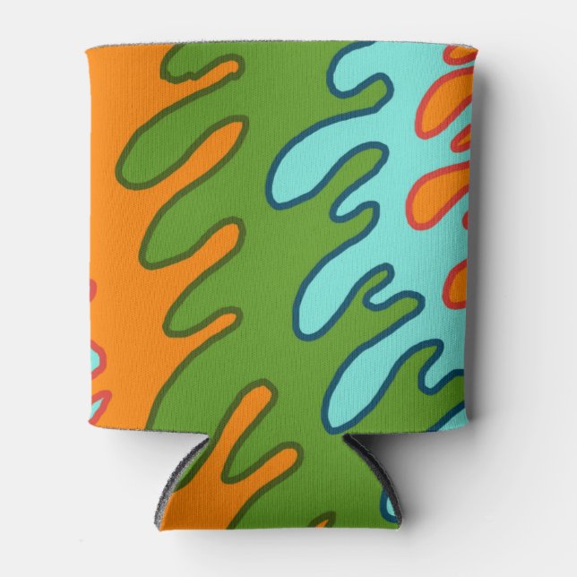 Trippy Green Orange Liquid Drip Stripe Y2K Pattern Can Cooler (Front)