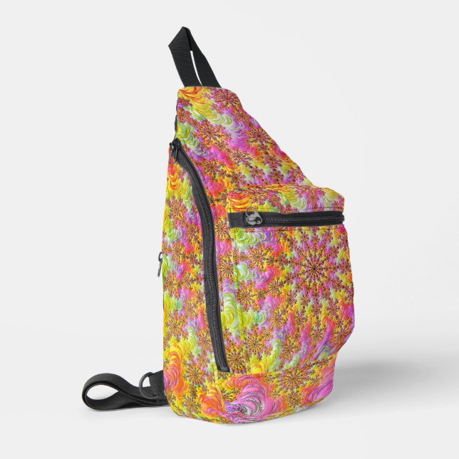 Trippy Groovy Funky Psychedelic Fractal Burst Sling Bag (Left Corner)