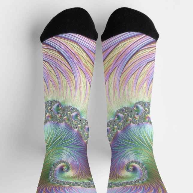 Trippy Groovy Pastel Rainbow Spiral Fractal Art Socks (Top)