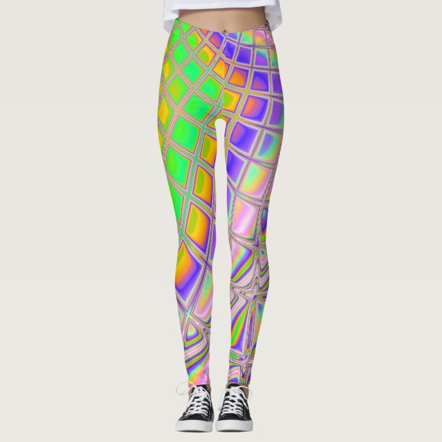 Trippy Groovy Vibrant Abstract Digital Fractal Art Leggings (Front)
