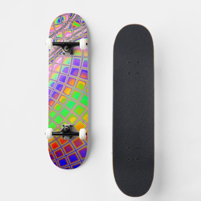 Trippy Groovy Vibrant Abstract Digital Fractal Art Skateboard (Front)