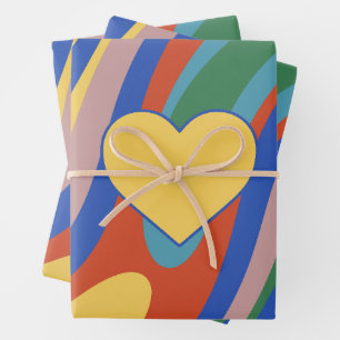 Trippy Heart Colorful Retro Pop Abstract Pattern Wrapping Paper Sheet