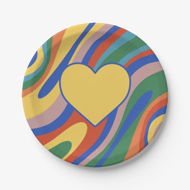 Trippy Heart Colourful Retro Pop Abstract Pattern Paper Plate (Front)