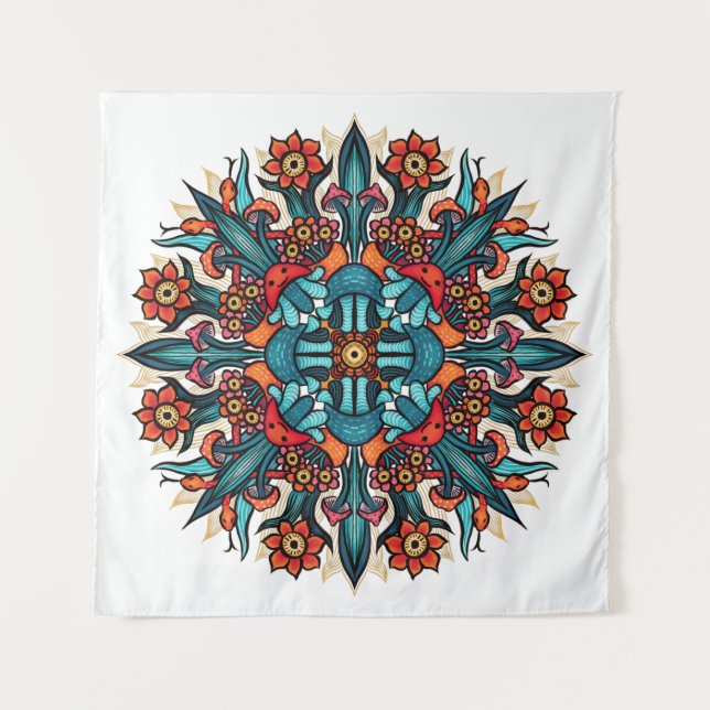 Trippy hippie psychedelic groovy mushroom mandala tapestry (Front)