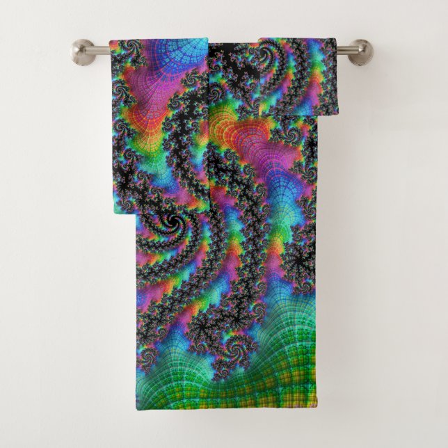 Trippy Hippie Psychedelic Rainbow Spiral Fractal Bath Towel Set (Insitu)