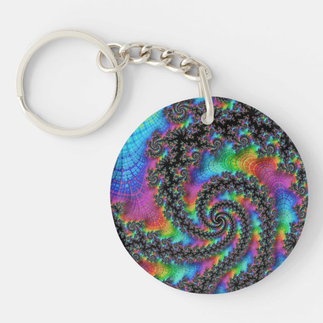 Trippy Hippie Psychedelic Rainbow Spiral Fractal Key Ring (Front)