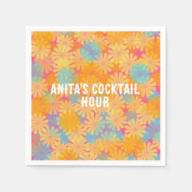 Trippy Hippie Psychedelic Retro Floral Design Napkin (Front)