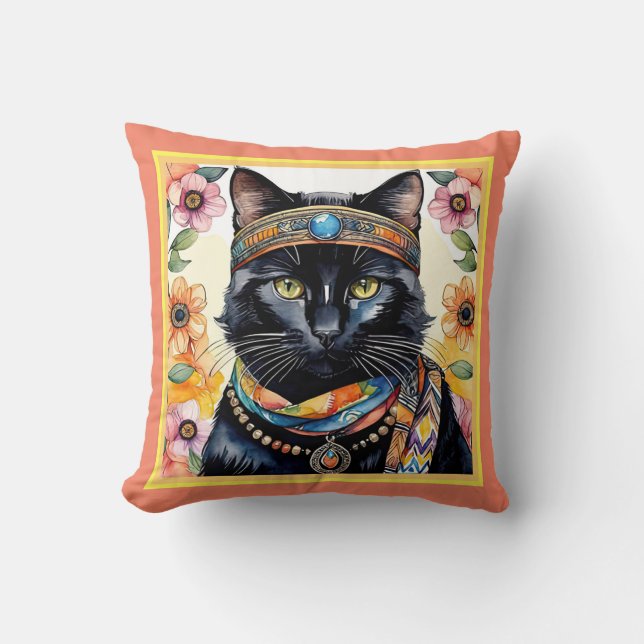 Trippy Hippy Cat with Pendant 16 inch Throw Pillow (Front)