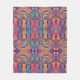 Trippy Hippy Cats Vivid Colour Psychedelic Fleece Blanket