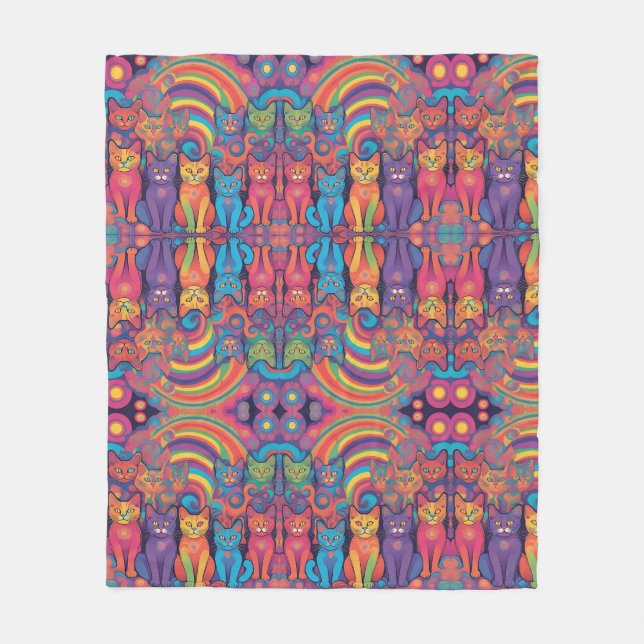 Trippy Hippy Cats Vivid Colour Psychedelic  Fleece Blanket (Front)