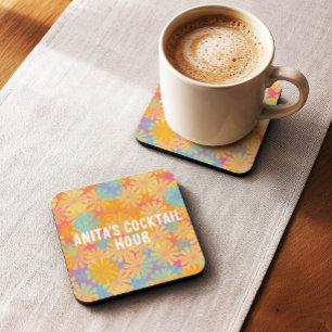 Trippy Hippy Psychedelic Retro Floral Design Square Paper Coaster