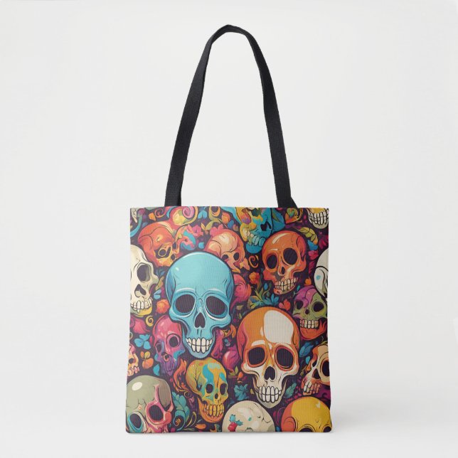 Trippy Hippy Skull Colourful Patterned Psychedelic Tote Bag (Front)