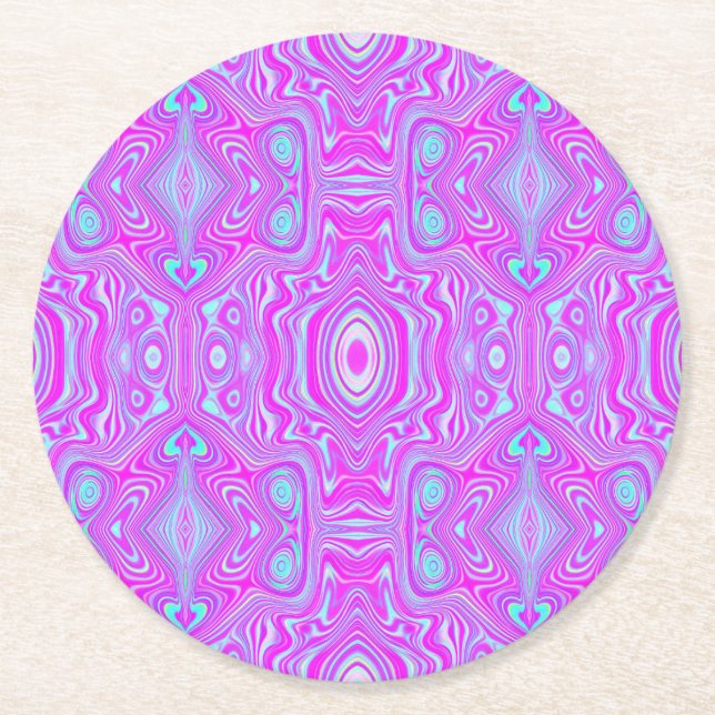 Trippy Hot Pink and Aqua Blue Abstract Pattern Round Paper Coaster (Front)