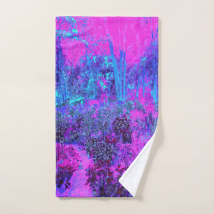 Trippy Hot Pink and Blue Impressionistic Landscape Bath Towel Set