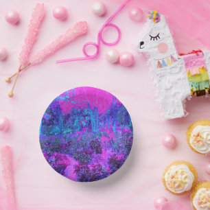 Trippy Hot Pink and Blue Impressionistic Landscape Paper Plate