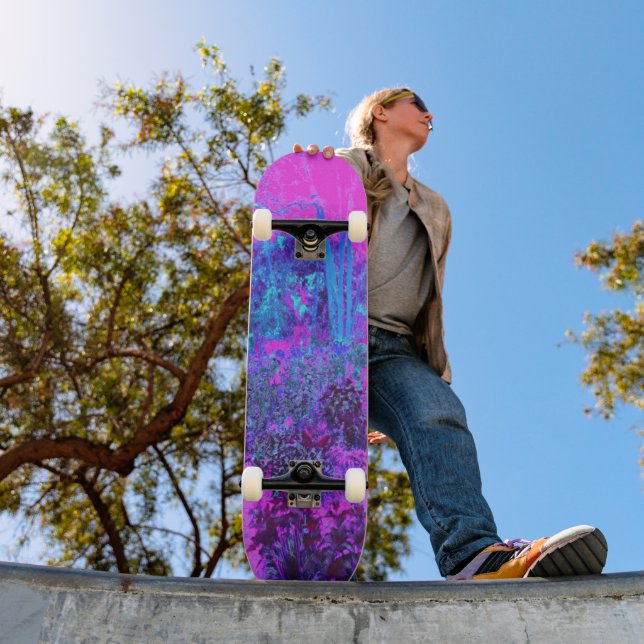 Trippy Hot Pink and Blue Impressionistic Landscape Skateboard (Outdoor 1)