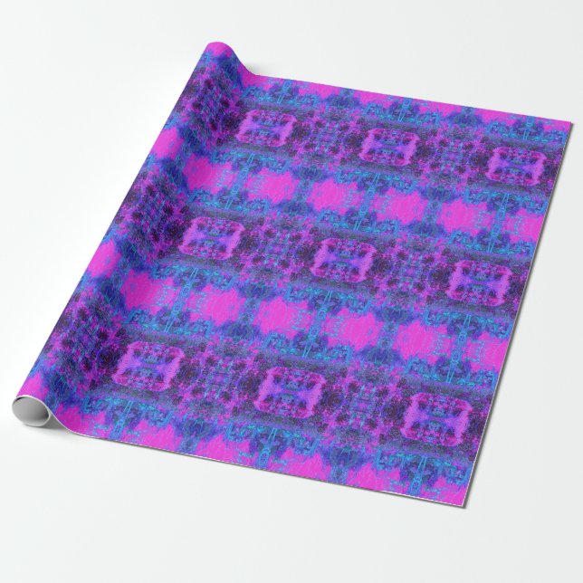 Trippy Hot Pink and Blue Impressionistic Landscape Wrapping Paper (Unrolled)