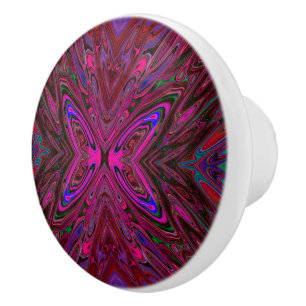 Trippy Hot Pink, Red and Blue Abstract Butterfly Ceramic Knob