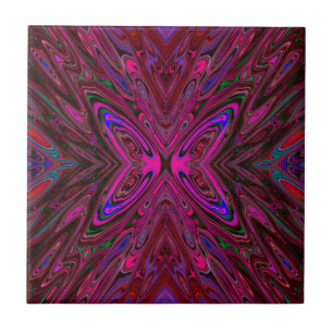 Trippy Hot Pink, Red and Blue Abstract Butterfly Ceramic Tile