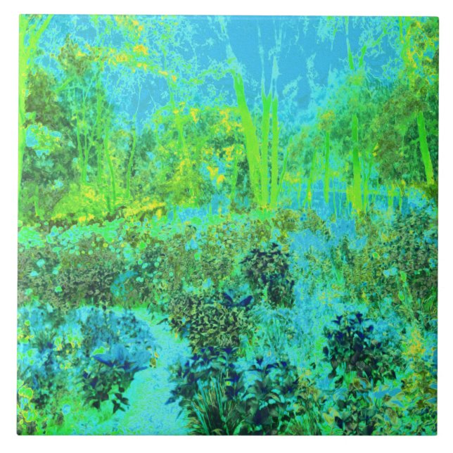 Trippy Lime Green and Blue Garden Landscape Ceramic Tile (Front)