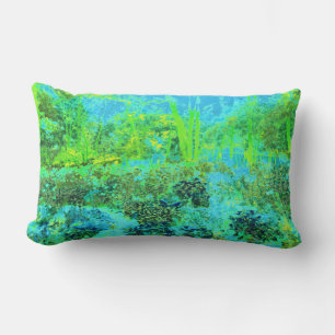 Trippy Lime Green and Blue Garden Landscape Lumbar Cushion
