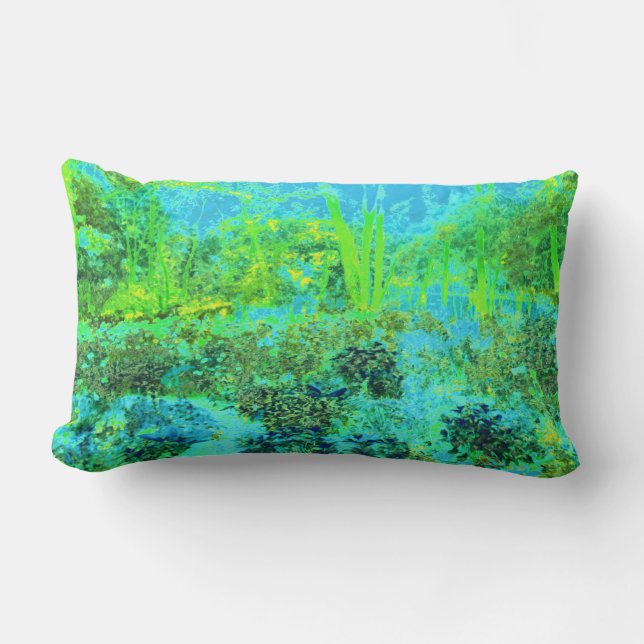 Trippy Lime Green and Blue Garden Landscape Lumbar Cushion (Front)