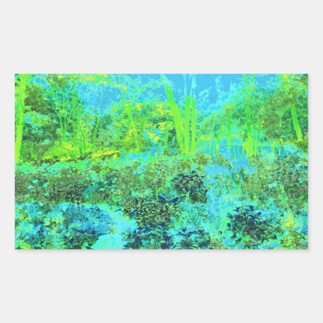 Trippy Lime Green and Blue Garden Landscape Rectangular Sticker (Front)