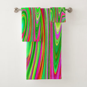 Trippy Lime Green and Magenta Abstract Groovy Art Bath Towel Set