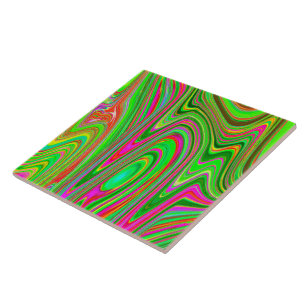 Trippy Lime Green and Magenta Abstract Groovy Art Ceramic Tile