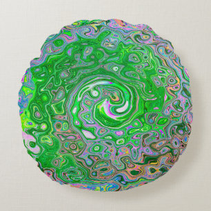 Trippy Lime Green and Pink Abstract Retro Swirl Round Cushion