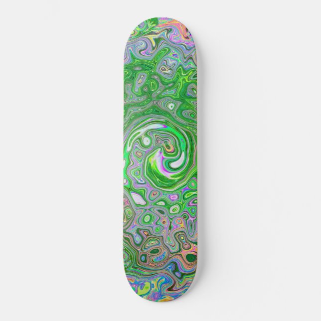 Trippy Lime Green and Pink Abstract Retro Swirl Skateboard (Front)