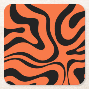 Trippy Liquid Swirl Modern Abstract Black Orange Square Paper Coaster