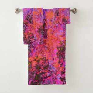 Trippy Magenta and Orange Impressionistic Garden Bath Towel Set