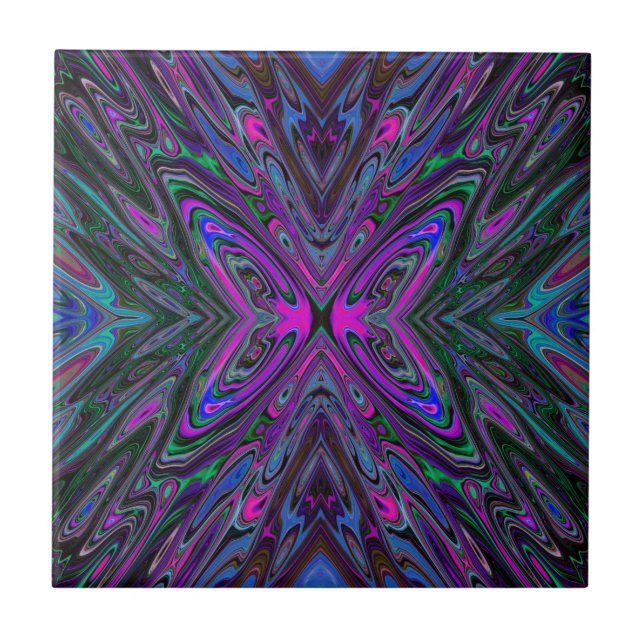 Trippy Magenta, Blue and Green Abstract Butterfly Ceramic Tile (Front)