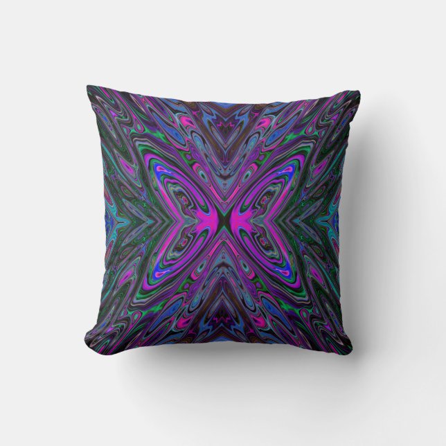 Trippy Magenta, Blue and Green Abstract Butterfly Cushion (Front)