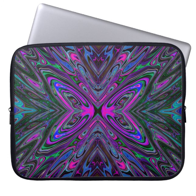 Trippy Magenta, Blue and Green Abstract Butterfly Laptop Sleeve (Front)