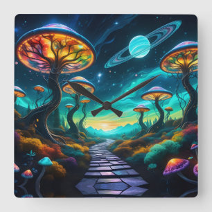 Trippy Mushroom Planet II Square Wall Clock