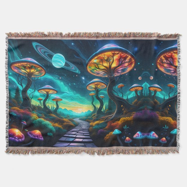 Trippy Mushroom Planet II Throw Blanket (Front)