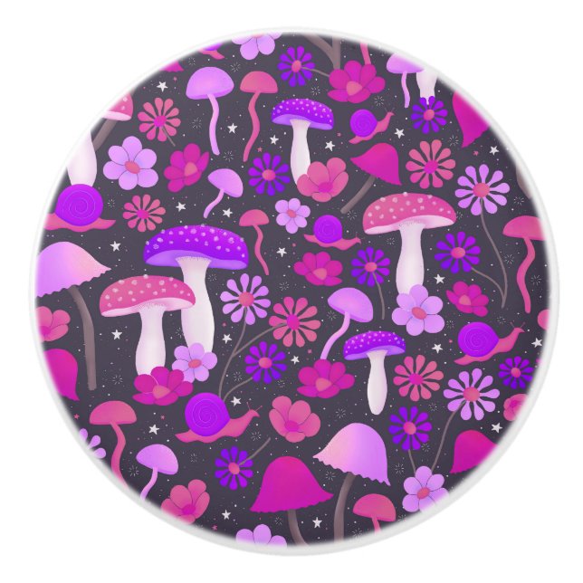 Trippy Mushrooms Psychedelic Purple, Pink & Black Ceramic Knob (Front)