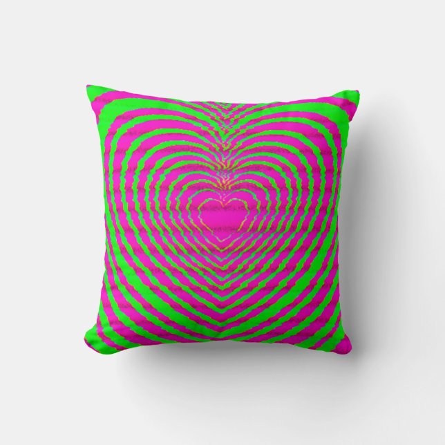 Trippy Neon Pink Green Hypnotic Heart Love Pattern Cushion (Front)