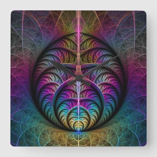Trippy Patterned Colorful Abstract Fractal Art Square Wall Clock (Front)