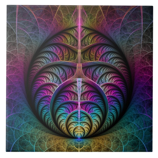 Trippy Patterned Colourful Abstract Fractal Art Ceramic Tile (Front)