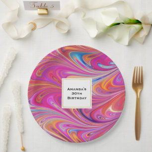 Trippy Pink and Orange Swirly Design Birthday Paper Plate