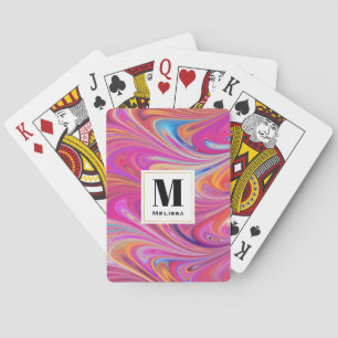 Trippy Pink and Orange Swirly Design Monogram Playing Cards