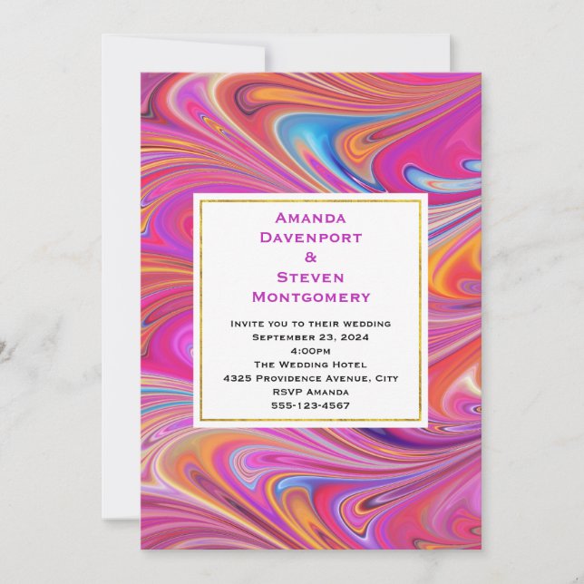 Trippy Pink and Orange Swirly Design Wedding Invitation (Front)