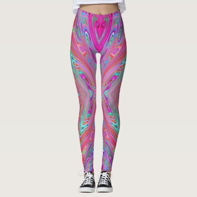 Trippy Pink, Aqua and Magenta Abstract Butterfly Leggings (Front)